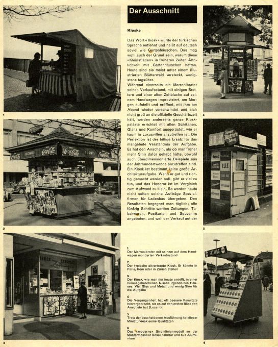 Illustr.: Fritz Maurer, Artikelserie «Der Ausschnitt», Beitrag über Kioske, Werk Heft 4/1962, S. 73*