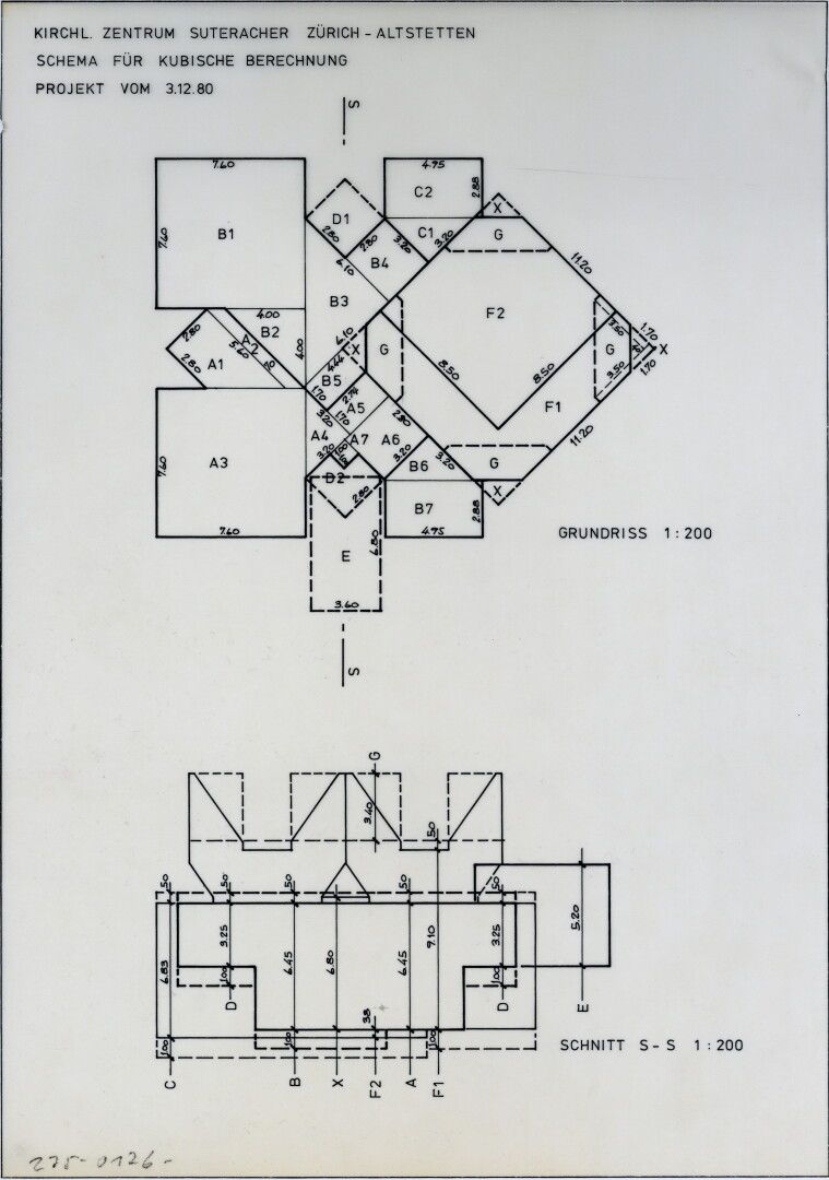 Abb.: Benedikt Huber, Kirchliches Zentrum Suteracher, Zürich-Altstetten. Schema für kubische Berechnung. 3.12.1980