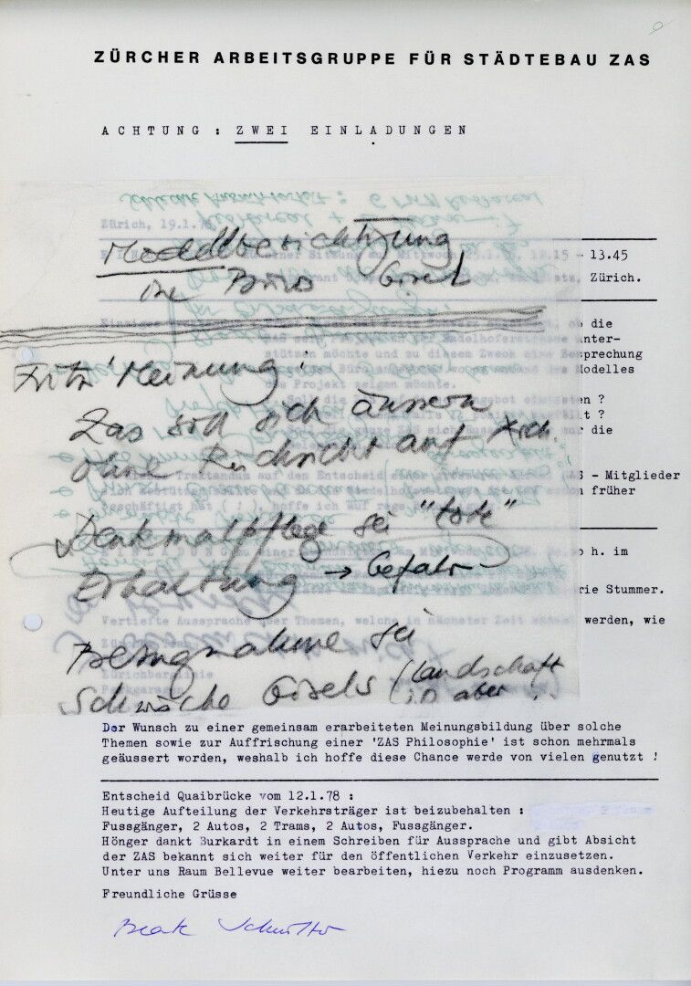 Abb.: Zürcher Arbeitsgruppe für Städtebau ZAS: Sitzungseinladung vom 19.1.1978. Notiz Benedikt Hubers