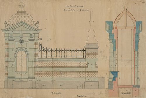 Abb.: Sammlung Wehrli / Hürlimann, Neue Tonhalle Zürich, Cassahäuschchen am Alpenquai, 29.8.1894. Vorderansicht und Schnitt