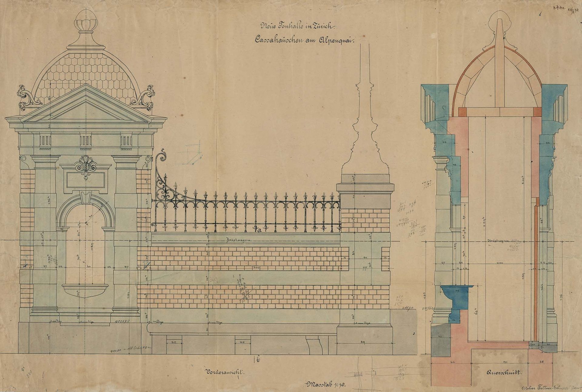 Abb.: Sammlung Wehrli / Hürlimann, Neue Tonhalle Zürich, Cassahäuschchen am Alpenquai, 29.8.1894. Vorderansicht und Schnitt