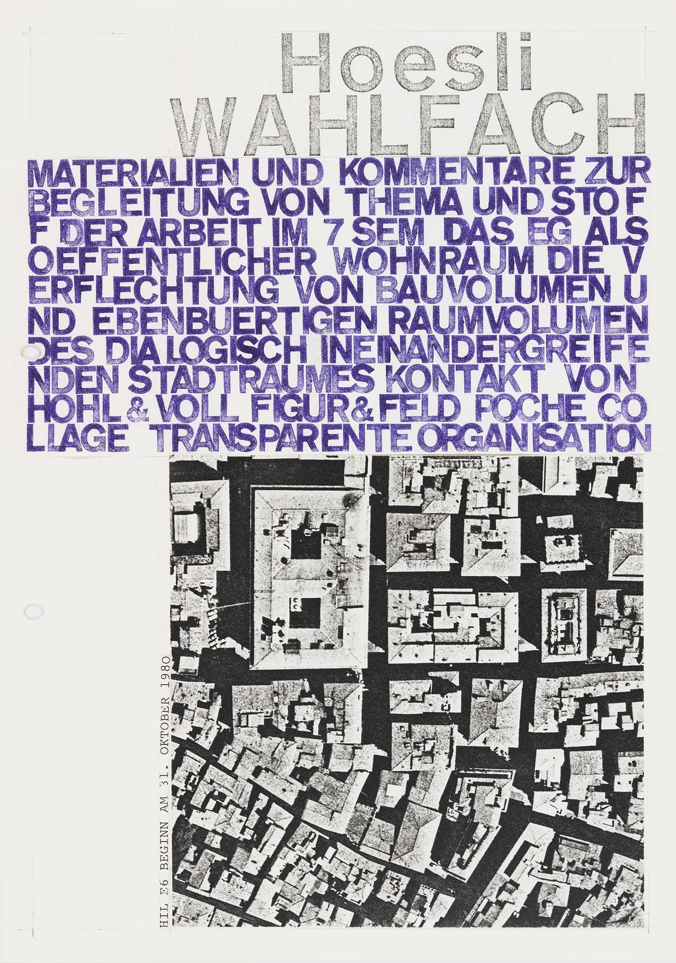 Illustr.: Bernhard Hoesli, Titelblatt zum Wahlfach, ETH Zürich, Herbstsemester 1980
