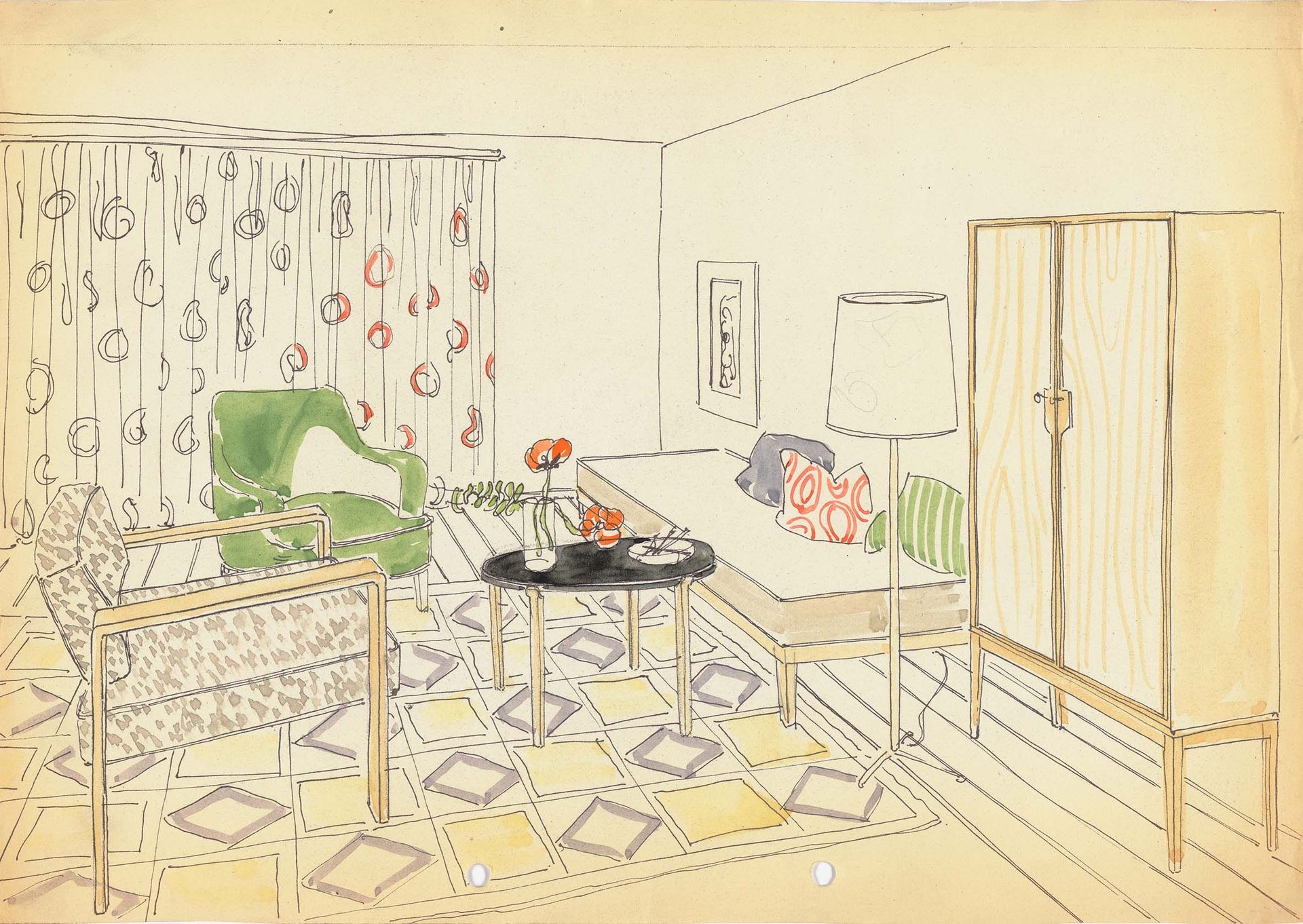Abb.: Martha Villiger, Möblierung Wohnung Luzie Strickler. Kolorierte Ansicht Wohnzimmer, [1949]